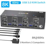 KVM HDMI Switch 8K 60Hz 4 USB 3.0 Port 3 Monitors 3 Computers Triple Monitoring