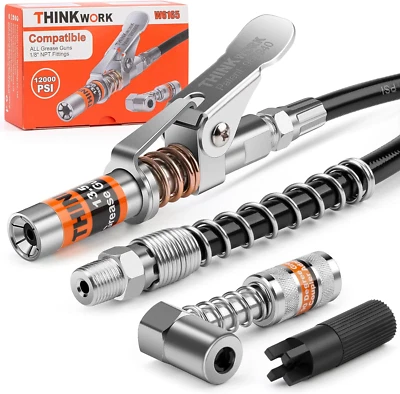 Grease Gun Coupler Set, Strong Lock On, w/ 90° Adaptor,Quick Release, 12000 PSI