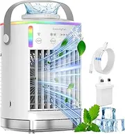 Air Cooler, Portable Air Conditioner, 4 in 1 Mini Air Conditioner, 2 Cool Mist, 4 Wind Speeds, 7 RGB Light & Timer, Personal Use Air Cooler Fan with UK Adapter for Home, Office, Bedroom