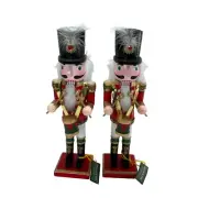 Wood Christmas Nutcracker Set Drummer Soldier Top Hat Red Gold Holiday Decor