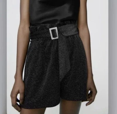 ZARA BLACK VELVET SHIMMER PAPERBAG SHORTS WITH BUCKLE BELT Festive Days BNWT