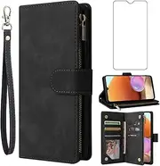 Asuwish Compatible with Samsung Galaxy A32 4G 6.4 inch Wallet Case and Tempered Glass Screen Protector Leather Flip Cover Card Holder Stand Cell Accessories Phone Cases for A 32 A32case Women Black