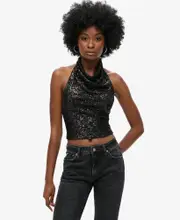 Halter Neck Sequin Top | Black Plain Sequin