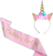 Unicorn Headband & Birthday Sash, Children's Headband with Unicorn Horn Hair Accessories and Ears, Birthday Girl Sash for Birthdays, Role Play, Festivals, Unicorn Party Cosplay