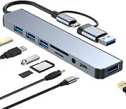 Micscrew 8-in-1 USB C Hub & USB A Hub with SD/TF Card Reader, 3.5mm Audio, Ultra-Thin Portable Adapter Dock for MacBook Pro/Air, iPad Pro, Galaxy S24 High-Speed Data Transfer, Stable Power Delivery