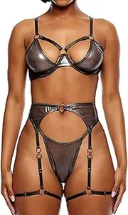 [ForPlay] Liquid Metal Metallic Mesh Bra and Garter Belt Lingerie Set - Gunmetal