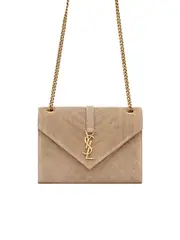 Saint Laurent Envelope Medium Chain Bag in Mix Matelasse Corduroy in Greyish Brown
