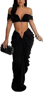 [LUXRUB] Women's Club 2 Piece Skirt Outfits Sexy Off Shoulder Tube Top and V Waist Pleated Maxi Skirt Set Party Going Out Suits (Color : Black, Size : Small)
