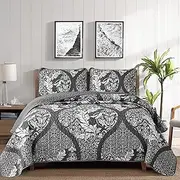 DJY Grey Quilt Set King Size, Boho Damask Bedspread Coverlet Set Soft Lightweight Microfiber Luxury Bedding Set 3 Pieces for All Season (104''x90'')