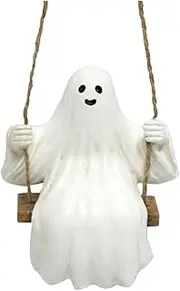 Halloween Playful White Swing Ghost Hanging Statue - Swing Ghost Spooky Statue Outdoor Halloween Decor - Resin Ghost Figurine - Funny Tree Hanging Ornaments