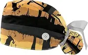 [WOSHJIUK] Working Hat 2 Pack Scrub Caps for Women,African Giraffe and Elephant,Tie Back Cap Adjustable Scrub Hat