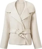[Generic] Women Merino Wool Wool Coats Notched Lapel Pea Coat Open Front Trench Overcoat Jackets with Belt