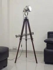 Vintage Style Spot Tripod Floor Lamp Search Light Wooden Stand Handmade Decor