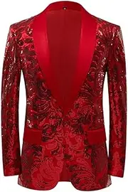 [HEYDHSDC] Men's Shiny Red Sequins Blazer One Button Floral Jacket Shawl Lapel Tuxedo Blazers Party Wedding Prom Suit