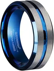 [QUEENWISH] 8mm Blue Tungsten Wedding Bands Silver Brushed Engagement Couples Promise Rings Comfort Fit