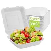 Clamshell Take Out Food Container 100 Pack, 9 x 9 Compostable To Go Container...