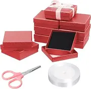 Mardatt 10Pcs Cardboard Jewelry Boxes, Square Jewelry Gift Boxes Velvet Sponge Liner Jewelry Case with Scissors and Polyester Ribbon for Necklace Earring Bracelet - 3.5 x 3.5 x 1 Inch, Red