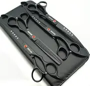 Professional Pet Grooming Scissors Set Straight Scissors Thinning Scissors Curved Scissors 4pcs Set (Black)