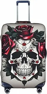 [HTTUP] Red Rose Skull Print Practical Elastic Washable Travel Luggage Cover with Concealed Zipper for Suitcases, White, Medium