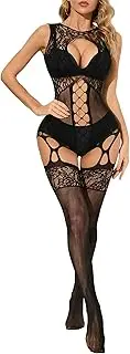 [Leypafy] Women's Fishnet Bodystocking Sleeveless Criss Cross Mesh Lingerie High-Leg Clubwear & Boudoir Stockings Plus Size Seamless Party Outfit, Black Wxkd, Medium