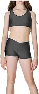 [R&N FASHIONS] Girls Shiny Crop Top and Hot Pants Set - High Waist – Plain & Stretchy – Perfect for Yoga, Ballet, Gymnastics, School, Sportswear
