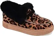 [Gikleihwy] Women's Fuzzy Warm Flat Ankle Boots Plush Fur Lining Arch Support Casual Loafer Shoe Wide Width Slip On Anti-Slip House Mules Loafers(Leopard Print,8.5 US)