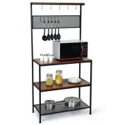 4-Tier Kitchen Rack Stand with Hooks and Mesh Panel - Color: Brown