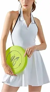[Perbai] Womens Halter Tennis Dress V Neck Sleeveless Mini Golf Running Athletic Dress with Built in Shorts