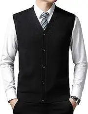 [Gsywaipei] Men's Sleeveless Sweater Vest V-Neck Knitted Cardigan Men Tank Casual Cable Knit Button Down Cardigan Vests, Black, M