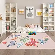 STARUIA Soft Colorful Butterfly Pink Rug for Girls Room, Large 5x7 Area Rugs Washable Kids Rug for Bedroom Women, Baby Nursery Rugs Non Slip Carpet for Kids Room Palyroom Tent Dorm