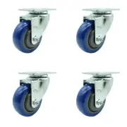 3.5 Inch SS Blue Polyurethane Wheel Swivel Top Plate Caster Set Service Caster