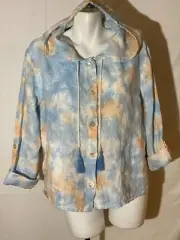 Women Blue Peach Hooded Linen Top Tunic Blouse Large New NWT Hoodie Rachel Zoe