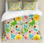 Nursery Duvet Cover Set with Pillow Shams Spring Flowers Bugs Print