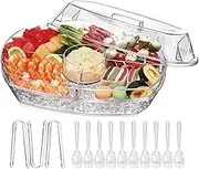Chilled Veggie Tray, 15 Inch Clear Party Platter with 4 Compartments, Ice Serving Bowl with Lid, Cold Food Buffet Server for Fruit, Vegetable, Appetizer, Shrimp