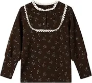 Mud Kingdom Girls Long Sleeve T-Shirts Crew Neck Tee Pullover Floral Button Retro Casual Tops