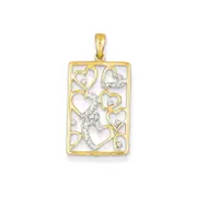 14K Yellow Gold Real Diamond Hearts in Rectangle Pendant