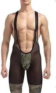 [ZSQBQ] Men Sexy Wrestling Singlet Boxer Briefs Camouflage Jockstrap Underwear Mesh Transparent Leotard Bodysuit