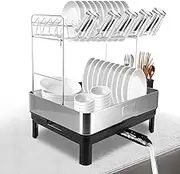 2 Tier Dish Drying Rack, 304 Stainless Steel Dish Drainer for Kitchen Counter, Extra Large Dish Rack with 360° Rotatable Drain Spout & Cup Holder