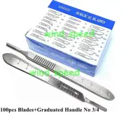 100 pcs Carbon Steel Sterile Surgical Scalpel Blades + Graduated Handle No. 3/4