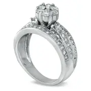 1-1.1.0 CT. T.W. Natural Diamond Cluster Triple Row Engagement Ring in Solid 14K White Gold