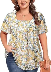 [Siddhe] Plus Size Chiffon Tops for Women Short Sleeve Square Neck Summer Dressy Blouses Loose Tunic