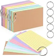 300 Sheet Flash Cards Revision, A7 Lined Index Cards with Kraft Paper, Flashcards with 6 Binder Rings, Cue Cards for Office, School, Home Study Records