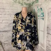 Well Worn New Women's Blouse Top Size XXL Navy Blue Floral Chiffon Ruffles Trim