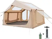 Inflatable Camping Tent with Electric Air Pump Porch, Easy Setup 4 Season Waterproof/Windproof/Insulation Outdoor Blow Up Tent, Air Tent with Mesh Windows/Doors/Chimney Opening