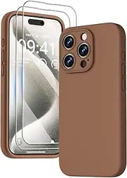 GOODVISH Compatible with iPhone 15 Pro Case, Silicone Upgraded [Enhanced Camera Protection] Phone Case with [2 Screen Protectors], Soft Anti-Scratch Microfiber Lining Inside, 6.1 inch, Brown
