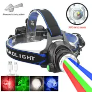 Red /Green/White/Blue LED Zoom Headlamp USB Rechargeable Headlight Head Torch US