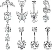 [Anicina] 14G Belly Button Ring Dangle Surgical Steel Belly Rings for Women Silver Rose Gold Navel Rings Butterfly Evil Eyes Belly Button Piercing Jewelry 10mm Navel Belly Curved Barbell Studs