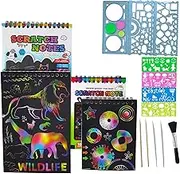 Scratch Art Paper Notebooks for Kids & Adults, with Spiral Ruler 6 Stencils 6 Styluses for Drawing Doodling Painting, Rainbow Scratch Off Magic Paper Crafts Kits (2M+2S New)