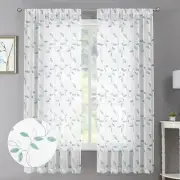 Teal Blue Leaf Sheer Curtain Leaves Embroidered Living Room Short Curtains
