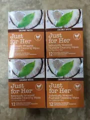 4 NEW boxes Just for her COCONUT WATER individually wrapped flushable wipes 24